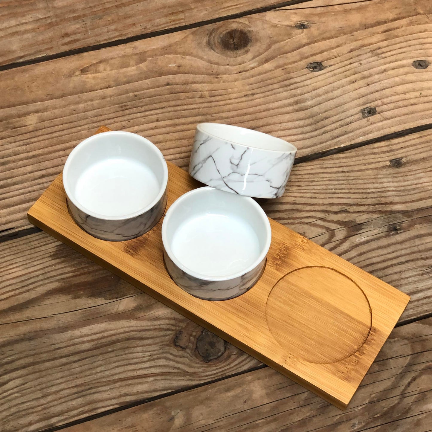 3pc Marble Dish On Bamboo Tray