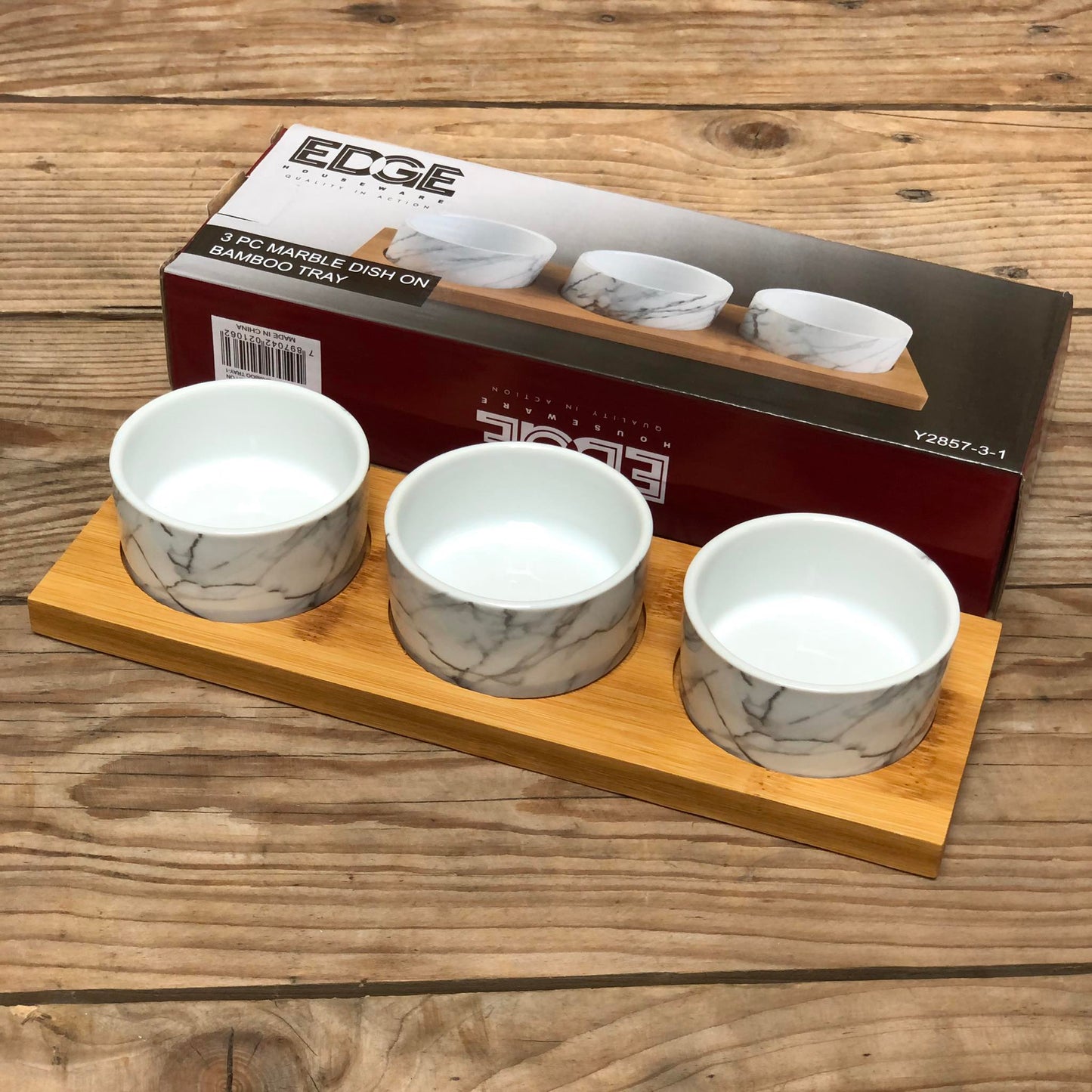 3pc Marble Dish On Bamboo Tray