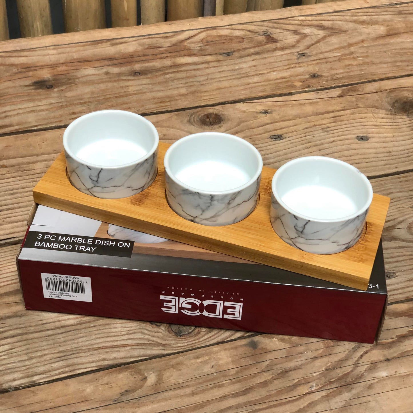 3pc Marble Dish On Bamboo Tray