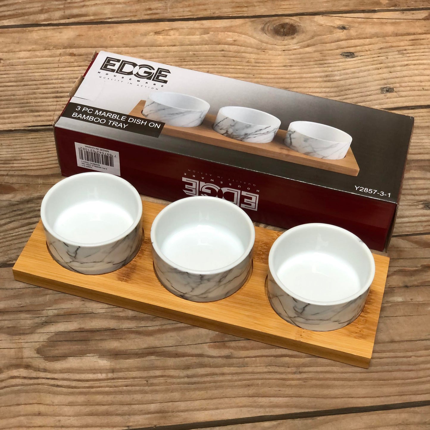 3pc Marble Dish On Bamboo Tray